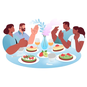 A brunch table is set with an assortment of delicious food items including pancakes stacked high with syrup, fresh fruit in vibrant colors, and a creamy avocado toast topped with microgreens. There are glasses filled with orange juice and coffee mugs positioned around the table. Friends are gathered around the table, some leaning in towards each other as they share their experiences. Their hands are animatedly gesturing while others are laughing together. A few decorative flowers are placed in a vase at the center of the table, adding a touch of elegance to the scene. Soft lighting enhances the warmth of the gathering.