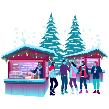 A cozy winter market bustling with cheerful shoppers. Colorful festive decorations adorn the wooden stalls, including twinkling lights and garlands of pine. People of diverse backgrounds, bundled in warm scarves and hats, are exploring the various stalls. There are vendors selling hot beverages and seasonal treats, with steam rising from mugs. Snow gently falls, settling on the ground and the decorations, while a large, beautifully lit Christmas tree stands prominently in the center of the market. The atmosphere is filled with the sounds of laughter and holiday music.