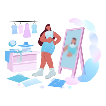 A girl with long hair is standing in front of a mirror. She is wearing a colorful outfit and appears to be enjoying the process of trying on different styles. Various clothing items are scattered around her, including dresses and tops in vibrant colors. A selection of accessories, such as hats, necklaces, and bracelets, are displayed on a nearby table. The mirror reflects her playful posture as she poses with one hand on her hip and the other adjusting a scarf around her neck.