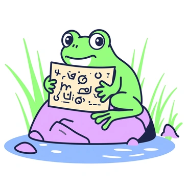 A frog is sitting on a large rock at the riverside. The frog is green, with prominent bulging eyes and a focused expression. In its front webbed feet, it holds an intricately drawn treasure map, which features symbols and markings indicating the location of hidden treasures. Surrounding the frog, the river flows gently, and there are pebbles and reeds along the bank. In the background, tall grasses sway slightly in the breeze, adding to the scene's natural ambiance.