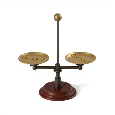 A balance scale with a metallic finish, perfectly centered on a polished wooden base. On the left side of the scale, there is a golden plate labeled "Supply" in bold, uppercase letters. On the right side, a similarly styled plate is labeled "Demand" in matching lettering. The scale is well-defined, with detailed mechanisms visible on the sides, and the two plates are evenly balanced, demonstrating the equilibrium between supply and demand. The surrounding environment is minimalistic, emphasizing the scale as the central focus.