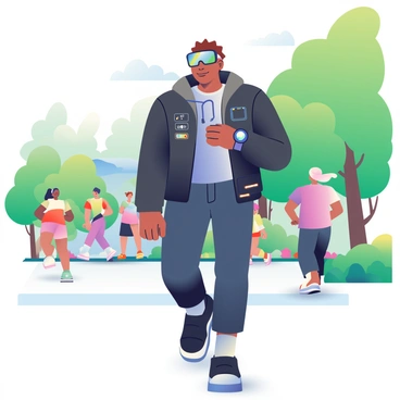 A fashionable person with light brown skin is walking in a park. They are wearing a sleek, fitted black jacket with embedded LED lights that change colors. Their high-tech sunglasses reflect the sunlight and display digital notifications. On their wrist, there is a smartwatch with a holographic interface projecting above the surface. The park is filled with green trees and colorful flowers, and there are other people jogging in the background. A soft breeze is gently rustling the leaves of the trees.