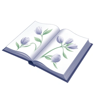 A book is open, showcasing a series of illustrations across its pages. The left page features the early stages of a flower bud, tightly closed with delicate, green leaves surrounding it. Gradually, the next illustrations show the bud beginning to open, with soft petals starting to unfurl. The following pages depict the flower in full bloom, showcasing its vibrant petals fully extended. Each stage captures intricate details of the flower's structure, emphasizing the textures of the petals and leaves. The background remains simple, allowing the focus to remain on the flower's transformation through time.