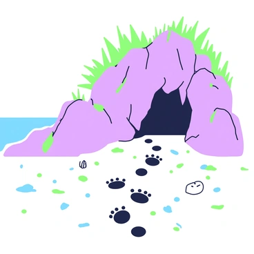 Mysterious footprints appear in the sand, trailing off towards a hidden cave entrance set into the side of a rugged cliff. The footprints are distinct, with a slight indentation marking each step. The sandy area is scattered with small pebbles and seashells, suggesting the proximity of an ocean. The cave entrance is partially obscured by overhanging rocks, which cast shadows onto the entrance. A few tufts of grass cling to the cliff's edge, framing the scene. The sky above is clear, providing a backdrop to this intriguing coastal landscape.