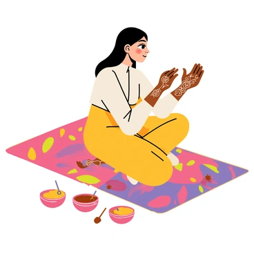 A woman with long, dark hair is sitting cross-legged on a vibrant, patterned rug. She is focused on applying intricate henna designs to her hands, which are lifted slightly and resting on her lap. The henna is a deep brown color, and the designs feature swirling motifs and floral patterns. Surrounding her are small bowls filled with henna paste and tools for application, creating a scene rich in detail and artistry. The colorful rug beneath her adds warmth and visual interest to the atmosphere.