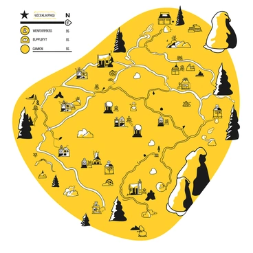 A detailed map showing an ancient battlefield with various strategic positions marked. The map includes symbols for troop movements, indicating arrows and lines that demonstrate the paths taken by different units. Surrounding the battlefield are labeled geographical features such as rivers, hills, and forests. There are icons representing fortifications, camps, and supply lines. The map is designed with a clear structure, displaying different sections for the opposing armies and highlighting key locations of interest.