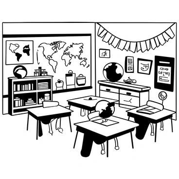 A classroom filled with various cultural decorations and learning materials from around the world. The walls are adorned with colorful banners representing different countries. There are maps of the world displayed prominently, showcasing various continents. Desks are arranged in a circular formation, each covered with books and artifacts from multiple cultures. A globe sits on a shelf next to traditional musical instruments from different regions. There are posters illustrating customs and traditions of various cultures, hanging from the ceiling alongside paper lanterns. A bulletin board features photographs and artwork submitted by students, celebrating diversity.