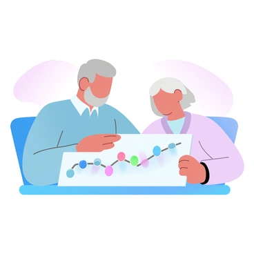 An elderly couple is seated at a table, leaning towards a chart that displays their retirement savings growth. The man has gray hair and is wearing a light blue sweater, while the woman has short white hair and is dressed in a pastel pink cardigan. The chart in front of them features a rising line graph, showcasing an upward trend. Various colorful markers are placed along the chart to indicate significant milestones in their savings. Soft gradient pastel colors dominate the background, creating a warm and inviting atmosphere around them.