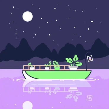 A barge is floating gently on a calm body of water under a night sky. The barge is illuminated by soft moonlight, casting reflections on the water's surface. Stars twinkle above, creating a glittering pattern against the dark backdrop. The barge features a wooden deck with a railing, and on it, there are several potted plants with leaves visible. A lantern hangs from the side of the barge, adding a warm glow to the scene. In the distance, silhouettes of trees line the shore, with their shapes softly defined by the moonlight.
