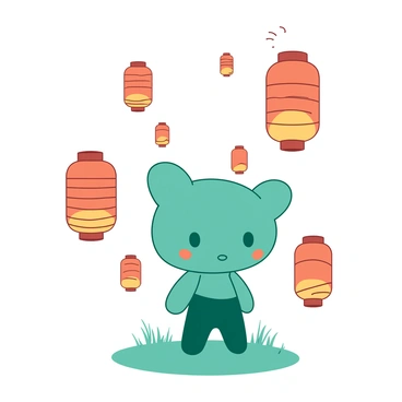 A teal figure resembling Hanako-kun is standing with a playful expression. Surrounding him are multiple orange floating lanterns gently illuminating the space. The lanterns vary in size, some larger and close to Hanako-kun, while others are smaller and drifting higher in the air. The ground beneath him is covered in soft grass, and there are faint outlines of trees in the background, enhancing the peaceful atmosphere of the scene. The soft glow from the lanterns creates a magical ambiance around Hanako-kun.