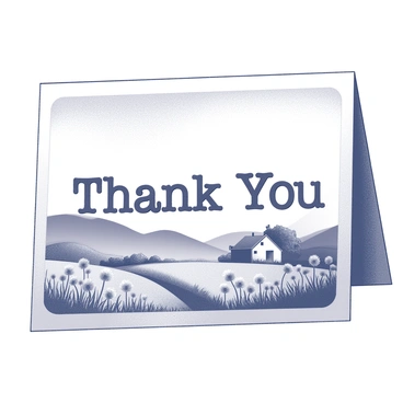 A thank you card designed in the style of a vintage postcard. The card features a sepia-toned scene depicting a rustic landscape with rolling hills and a quaint farmhouse in the distance. In the foreground, there are wildflowers swaying gently. The text "Thank You" is prominently displayed in the center, rendered in a classic typewriter font, giving the card a nostalgic feel. The edges of the card have a slight worn effect, enhancing the vintage appearance.