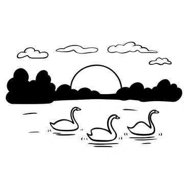 A calm lake surface reflecting the outline of elegant swans gliding smoothly across the water. The swans have long necks and are arranged in an arc, creating a sense of harmony. The background features a row of trees with a gentle curvature, their silhouettes dark against the horizon. A series of ripples disperses around the swans, emphasizing their movement. Above, the sky is filled with detailed patterns of wispy clouds, providing texture to the scene as the sunset casts a soft glow around the horizon.