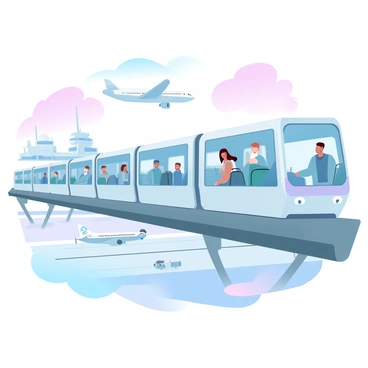 A skytrain car is moving along its elevated track between two airport terminals. Large windows on the skytrain offer a panoramic view of the terminals, which are modern and architecturally distinct. Airplanes are parked at the gates, some with colorful tail designs visible. Below, a runway stretches out, with a few taxis in motion. The surrounding area is filled with gradient pastel colors from the sunset sky, casting a warm glow on the scene. Passengers inside the skytrain can be seen standing or sitting, holding luggage and gazing out at the view.