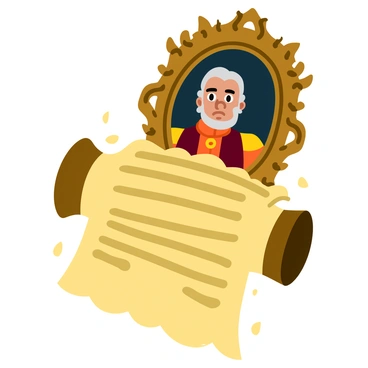 An ancient scroll, aged with time, rests partially unfurled behind an ornate portrait. The scroll is covered in intricate calligraphy, detailing a plot of betrayal. The portrait depicts a noble figure in rich clothing with a stern expression, framed in an elaborate gilded frame. The background shows hints of a dimly lit room, with shadows casting over the scroll and portrait. Dust particles float in the air, catching the faint light that reveals the scroll's secrets.