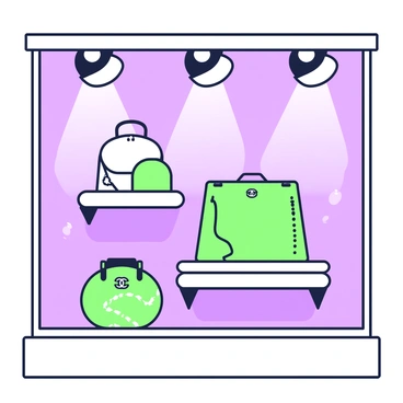 A boutique window displays a variety of Chanel bags arranged artfully on sleek shelves. Each bag features a distinct design, showcasing different textures and shapes. Elegant spotlights illuminate the bags, casting soft highlights and shadows. The window has a clean, modern frame that complements the luxury of the displayed items. Reflections of the surrounding street enhance the scene, while the overall composition draws attention to the exquisite craftsmanship of the bags.