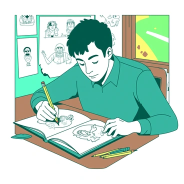 A teal cartoonist is sitting at a wooden table, focusing intently on a sketchpad. The sketchpad is filled with various humorous characters, each outlined in black ink. The cartoonist is holding a yellow pencil in their right hand, while a few other yellow and teal pencils are scattered around the table. Behind the cartoonist, there is a brightly colored wall adorned with more cartoon sketches. The cartoonist's expression is one of concentration and amusement as they create their art.