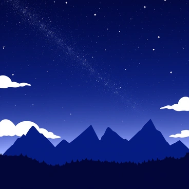 A mountain range is silhouetted against a starry night sky. The peaks of the mountains are sharp and jagged, creating a dramatic contrast with the smooth expanse of the sky. Countless stars are scattered across the sky, twinkling brightly. The Milky Way is visible as a dense band of stars stretching across the scene. Small clouds are subtly illuminated by the starlight, adding depth to the sky. The landscape below is mostly dark, with hints of trees or vegetation at the base of the mountains.