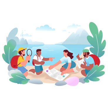 A group of four children is exploring the shores of Lake Como, each holding a colorful treasure map in their hands. One child, wearing a yellow hat, is using a magnifying glass to closely examine a rock. Another child, with a red backpack, is pointing excitedly towards a distant tree. The third child, dressed in a blue t-shirt, is kneeling down, searching through the sand near the water's edge. The fourth child, sporting a green cap, is looking at the map and discussing their next move. The shimmering lake and surrounding lush greenery create a vibrant backdrop for their adventure.