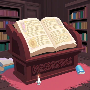 An ancient sacred text is open on a wooden lectern. The text features intricate illustrations and golden script, with pages that show signs of age and wear. The lectern is carved from dark wood, displaying ornate designs. Surrounding the lectern are shelves filled with various old books, their spines worn and faded. A small candle flickers nearby, casting a warm glow and illuminating the pages of the text. The walls of the study are lined with dark wooden panels, contributing to the overall atmosphere of antiquity. A plush, richly colored rug covers the floor beneath the lectern, enhancing the warm ambiance of the space.
