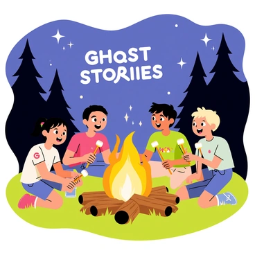 A group of five children sitting around a campfire, with bright flames flickering in the center. Each child has a different expression, some are smiling while others look slightly scared. They are holding long sticks with marshmallows roasting over the fire. Surrounding the campfire, there are logs and grassy ground. In the background, there are tall trees silhouetted against the night sky filled with stars. One child is animatedly telling a ghost story, with others leaning in to listen closely, their faces illuminated by the warm glow of the fire. "Ghost stories" is written in playful letters above the scene.