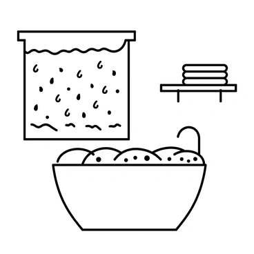 A cozy bath with rain splattering against a window and a warm towel nearby