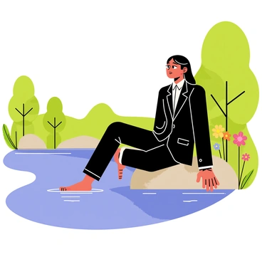 Lucifer sitting on a smooth rock by a peaceful river. He has long, flowing dark hair and is wearing a tailored black suit. His expression is contemplative, with furrowed brows and a distant gaze. The river is clear and reflects the bright blue sky above, with gentle ripples created by the soft breeze. Surrounding the riverbank are lush green trees and colorful wildflowers, adding a touch of vibrancy to the scene.