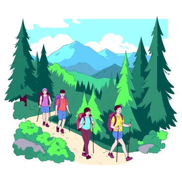 A group of hikers is making their way along a winding trail in the lush Korean mountains. The hikers are wearing colorful outdoor gear, with backpacks and hiking poles. Surrounding them are tall, vibrant green trees and dense foliage, creating a rich canopy overhead. In the background, majestic peaks rise, partially shrouded in soft white clouds. Sunlight filters through the leaves, casting dappled light on the trail. The hikers are smiling and engaging with each other, enjoying the beauty of their natural surroundings.