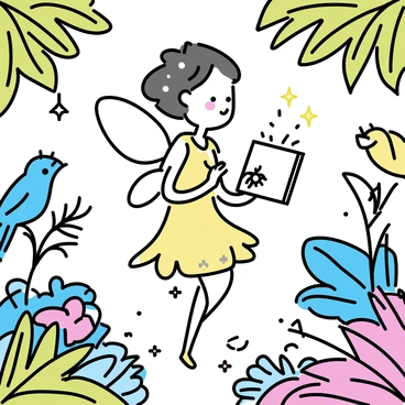 A tooth fairy with delicate wings is exploring through a dense jungle. She has sparkling hair and is wearing a shimmering dress made of petals. In her hand, she holds a tiny map that details her surroundings, while a small compass dangles from her other hand, glinting in the light. The jungle is filled with lush green foliage and vibrant flowers, providing a rich backdrop for her adventure. Birds can be seen perched on nearby branches, adding to the lively atmosphere of the scene.