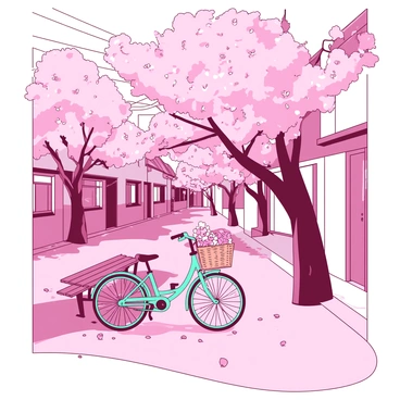 A street is lined with pink cherry blossom trees in full bloom, their petals gently falling to the ground. The path is covered in a vibrant carpet of soft pink petals. In the foreground, there is a small wooden bench beside the sidewalk. A bright teal bicycle leans against the bench, with a woven basket filled with flowers. Soft sunlight filters through the branches, casting dappled light on the street. A quaint building with white walls and a red roof is visible in the background, adding to the charming atmosphere of the scene.