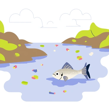 A river with murky water now filled with colorful litter and debris scattered throughout. Along the banks, there are patches of brown and green algae, contrasting with the dullness of the trash. A sad fish, with shimmering scales reflecting shades of blue and silver, is swimming close to the surface, looking up with big, expressive eyes. The sky above is overcast, creating a gray atmosphere that adds to the somber mood of the scene.