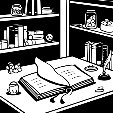 An old spell book lies open on a wooden table, its pages flipping as if caught in a gentle draft. The room is dimly lit, with shadows cast across the surfaces. Scattered around the table are various mystical artifacts, such as candles, dried herbs, and a small crystal orb. A quill and inkwell sit beside the book, suggesting recent use. The walls are lined with shelves filled with other ancient texts and jars containing mysterious ingredients. The atmosphere is filled with a sense of enchantment and ancient knowledge.