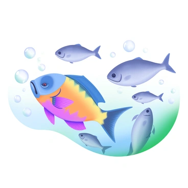 A vibrant, colorful fish with a mix of blue, yellow, and orange scales swimming gracefully amidst a school of gray fish. The gray fish exhibit a sleek, streamlined appearance, contrasting with the brightness of the colorful fish. Bubbles rise around the fish as they swim through clear water, creating a lively underwater scene.