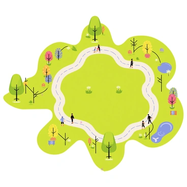 An aerial view of a city park featuring green grass and brightly colored flowers. The park has winding paths that intersect to create a distinct "hashtag" shape. Surrounding the paths are benches and trees providing shade. People are walking along the paths, enjoying the park environment. In one corner, a small pond reflects the sunlight, adding a sparkling element to the scene.