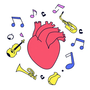 A detailed anatomical human heart displayed prominently in the center of the image. Surrounding the heart are various musical notes, including quarter notes and eighth notes, dancing around it. Intertwined with the notes are different musical instruments such as a violin, a trumpet, and a saxophone, all arranged in a harmonious manner. The heart is depicted in a rich red color, while the musical notes and instruments have contrasting colors to ensure they stand out against the heart.