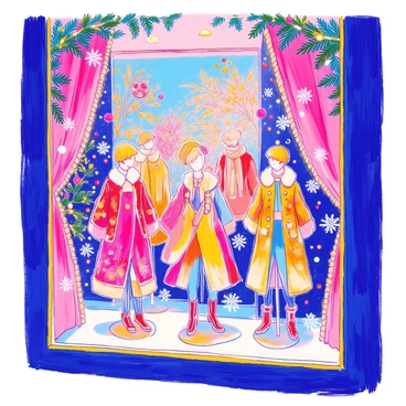 A window display at Harrods features elegant mannequins dressed in fashionable seasonal outfits. The background is filled with vibrant decorations, including twinkling lights, garlands, and themed ornaments. Each mannequin is posed artistically, showcasing the latest trends. The display is framed by rich fabric drapes, adding a sense of luxury. Snowflakes are placed delicately on the glass, enhancing the seasonal theme. A soft glow emanates from within, inviting passersby to take a closer look at the exquisite arrangements.