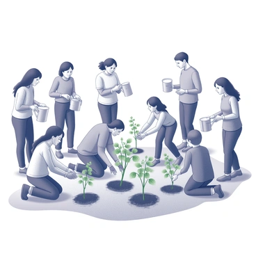 A diverse group of individuals engaged in a community reforestation event. Some participants are kneeling in the dirt, carefully planting young saplings into prepared holes in the soil. Others are standing nearby, holding buckets filled with soil or water, ready to assist. Several people are wearing gardening gloves and using small shovels to move earth around the saplings. A few children are helping by gently watering the newly planted trees with small watering cans. In the background, there are other volunteers chatting and sharing tools, creating a sense of teamwork and community spirit.