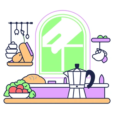 A traditional Italian kitchen scene with a Bialetti moka pot in the foreground