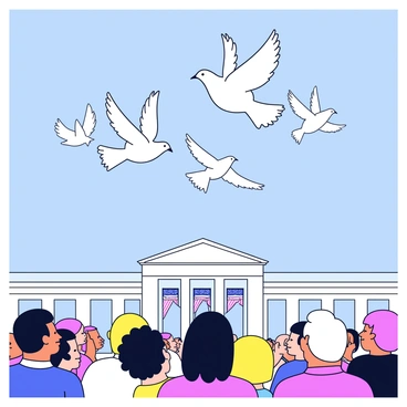 A group of white doves with smooth feathers is being released into a bright blue sky. The doves are flying upward, showcasing their wings fully spread. Below them, a crowd of people is gathered, some looking up in admiration. In the background, there is a large building decorated for an inauguration, with flags and banners. The scene captures the moment of hope and celebration as the doves ascend into the air.