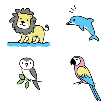 A series of animal portraits featuring a lion with a majestic mane, a playful dolphin leaping from the water, a wise owl perched on a branch, and a colorful parrot with vibrant feathers. Each portrait displays a unique arrangement, with the lion centered in a regal pose, the dolphin captured mid-jump, the owl staring directly at the viewer, and the parrot resting on a nearby leaf. The backgrounds are simple, focusing on the detailed features of each animal. Each portrait has its own distinct color palette that enhances the characteristics of the species.