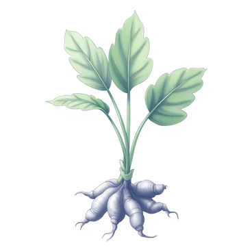 A turmeric plant with large, broad green leaves rising from the ground. The leaves are elaborately shaped, showcasing prominent veins and a healthy, robust appearance. Beneath the surface, a cluster of roots is visible, sprawling and intertwined in an organic formation. The roots are thick and knobby, displaying the distinct texture typical of turmeric, connecting the leaves to the earth. The overall composition emphasizes the connection between the plant's foliage and its root system.