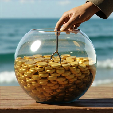 A round, glass fishbowl filled with shiny gold coins that reflect light, creating a sparkling effect on the surface. The bowl sits on a wooden table with visible grain patterns. A hand with a hook, appearing weathered and rough, reaches in towards the coins, casting a shadow inside the bowl. The background features a blurred ocean scene, enhancing the theme of treasure.