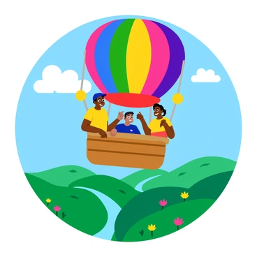 A colorful hot air balloon floats gently in the sky, its vibrant patterns creating an eye-catching display. Inside the basket, a group of four friends, all smiling and laughing, enjoy the moment together. One friend wears a bright yellow t-shirt, while another sports a blue cap. The landscape below features rolling green hills, sparkling rivers, and patches of wildflowers in various colors. Soft, fluffy clouds drift by in the blue sky, completing the cheerful scene.