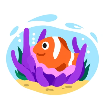 A vibrant orange clownfish with white stripes is nestled among the soft, waving tentacles of a sea anemone. The clownfish peeks out from the protective embrace of the anemone, which has long, flowing, and colorful tentacles in shades of purple and green. Bubbles arise around the fish, adding to the underwater atmosphere. The scene is illuminated by gentle sunlight filtering through the water, creating a shimmering effect on the surrounding sand and coral.