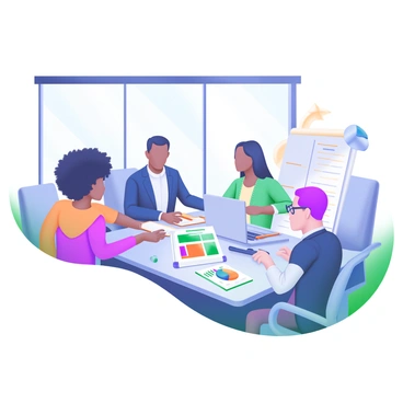 A modern pastel illustration depicting a diverse sales team gathered around a large conference table. The team consists of individuals of different ethnicities, including a Black woman with curly hair, a Hispanic man in a suit, a Caucasian woman with long straight hair, and an Asian man wearing glasses. They are engaged in a discussion, with some of them leaning forward, showing interest. On the table, there are laptops open, notebooks, and colorful charts and graphs, adding vibrancy to the scene. A large window in the background allows natural light to fill the room, enhancing the collaborative atmosphere.