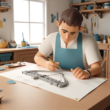 An artist sketching a detailed design of an elaborate crossbow in a workshop.