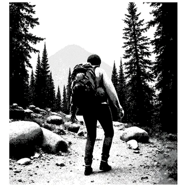 A hiker with a backpack is climbing a mountain trail. The hiker is facing forward, wearing a sturdy hiking outfit and sturdy boots. Surrounding the trail are tall trees with detailed bark and rocky outcrops scattered throughout the area. The landscape features uneven terrain with visible roots and pebbles on the path. The sky above is clear and open, emphasizing the height of the mountain. The scene captures a sense of adventure and exploration.