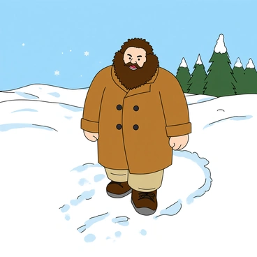 A large man with wild hair and a thick beard is walking through a snow-covered landscape. He is wearing a heavy brown coat with large buttons and warm boots. The snow crunches under his feet, leaving big footprints behind him in the fluffy white snow. A few snowflakes gently fall from the sky, and in the distance, there are tall, snow-capped pine trees. The atmosphere is crisp and wintry, with a clear blue sky above. Hagrid's face shows a sense of determination as he navigates through the snowy terrain.