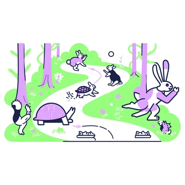 A hare is sprinting ahead on a winding forest path, showcasing its long ears and powerful legs. To the left, a tortoise is moving steadily, its shell detailed and textured. Along the sides of the path, various woodland creatures are cheering, including a squirrel clapping its paws, a rabbit jumping in excitement, and a fox watching intently. Trees with slender trunks and leafy canopies frame the scene, while patches of grass and colorful flowers add to the vibrant atmosphere of the race.