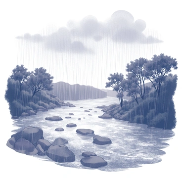 Heavy monsoon rains are falling over the Ganges River, creating a dynamic scene of flowing water and increased river volume. The landscape surrounding the river is lush and vibrant, with dense vegetation and trees swaying in the wind. Water droplets cascade off leaves and branches, while the river reflects the intensity of the rainfall. In the background, the sky is filled with dark clouds, indicating the weight of the downpour, adding drama to the overall atmosphere of the scene. The sound of rain and rushing water fills the air, emphasizing the power of nature during the monsoon season.