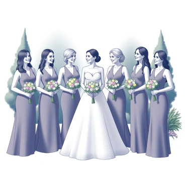 A bride wearing a beautiful gown stands proudly in a lush garden. She is surrounded by several bridesmaids, each dressed in matching elegant attire. All of them are holding colorful bouquets adorned with various flowers. The lush greenery of the garden forms a vibrant backdrop, with tall trees and blooming plants surrounding the group. The scene captures the joyful moment of celebration and camaraderie between the bride and her bridesmaids.